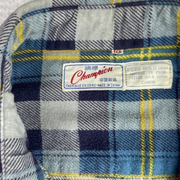 Vintage Champion Flannel Shirt Mens Sz 17.5 Blue Gray Plaid Cotton Button Up - Picture 9 of 16
